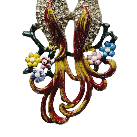 Vintage Huge Enameled Rhinestone Double Parrot Brooch (A1375) - Picture 3 of 5